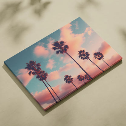 Canvas wall art featuring tall palm tree silhouettes against a vibrant pink and blue tropical sunset sky.