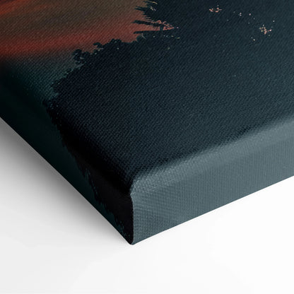 Canvas wall art featuring a tropical sunset with black palm tree silhouettes on a gradient red and orange sky background.