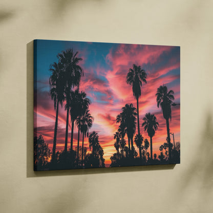 Tropical sunset canvas wall art with silhouette palm trees against vibrant orange and pink sky decor.