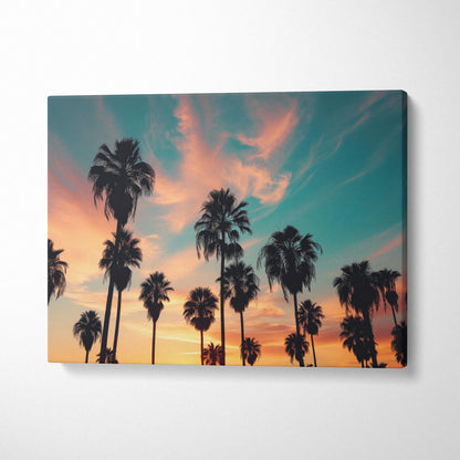 Canvas wall art featuring silhouette palm trees against a vibrant sunset sky for living room decor.
