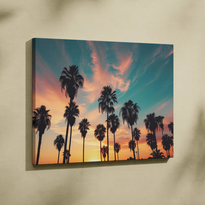 Canvas wall art featuring silhouette palm trees against a colorful sunset sky for living room decor.