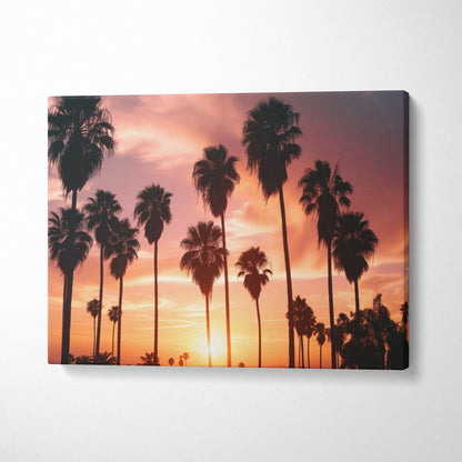 Tropical palm trees silhouette against vibrant orange and pink sunset sky canvas wall art decor.