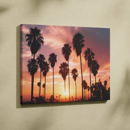 Canvas wall art featuring black palm tree silhouettes against a vibrant orange and purple sunset sky.