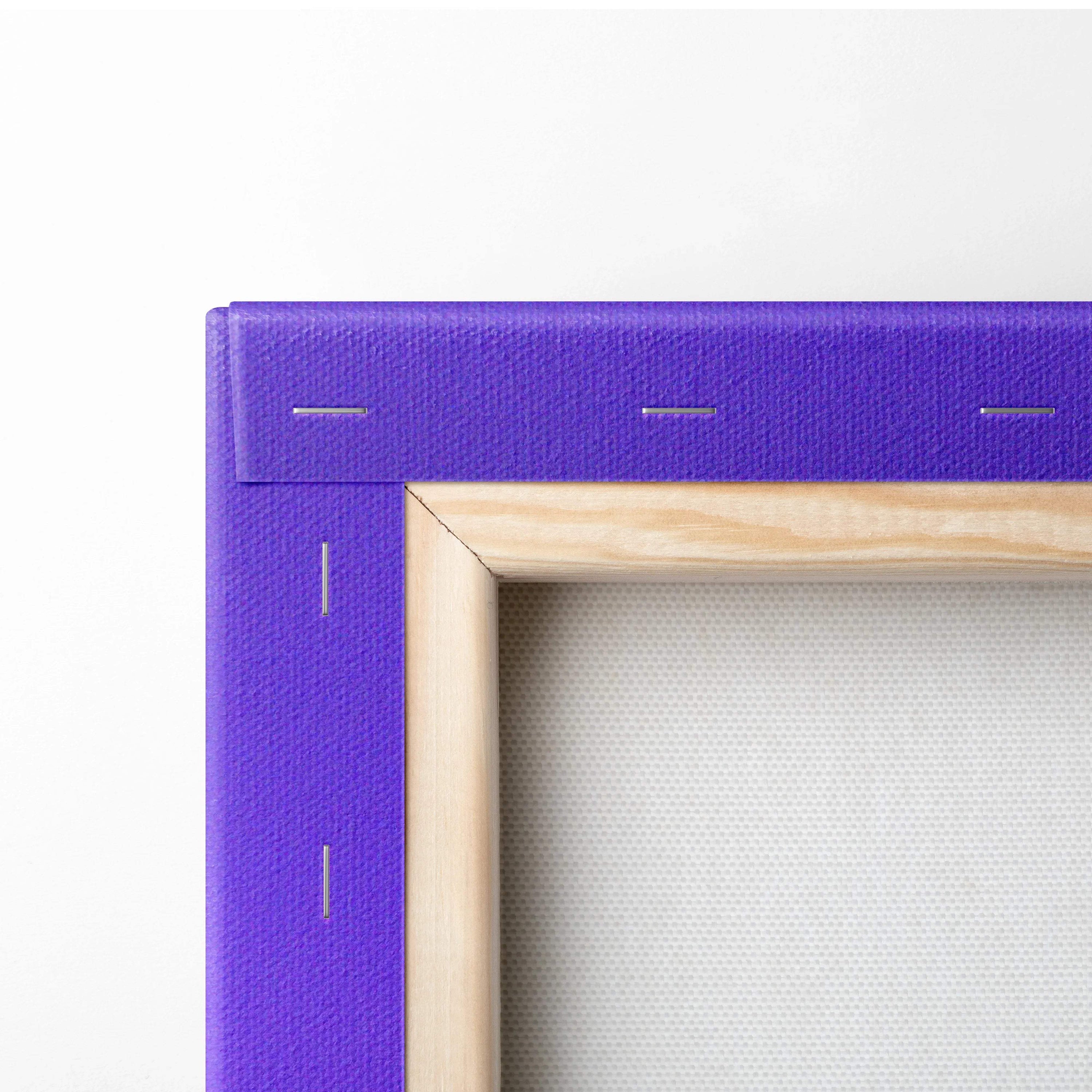Purple canvas frame with light wood border, retrowave tropical neon sunset art