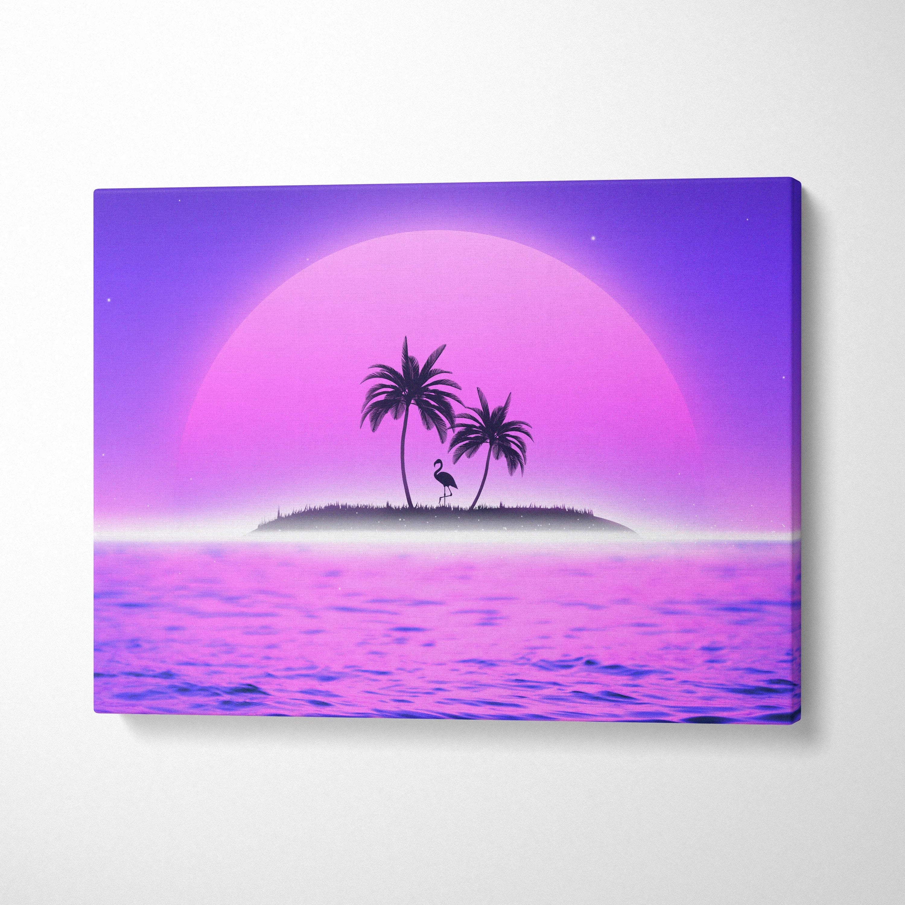 Vibrant purple pink neon sunset canvas with silhouetted palm trees and flamingo