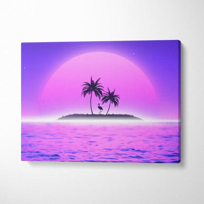 Vibrant purple pink neon sunset canvas with silhouetted palm trees and flamingo
