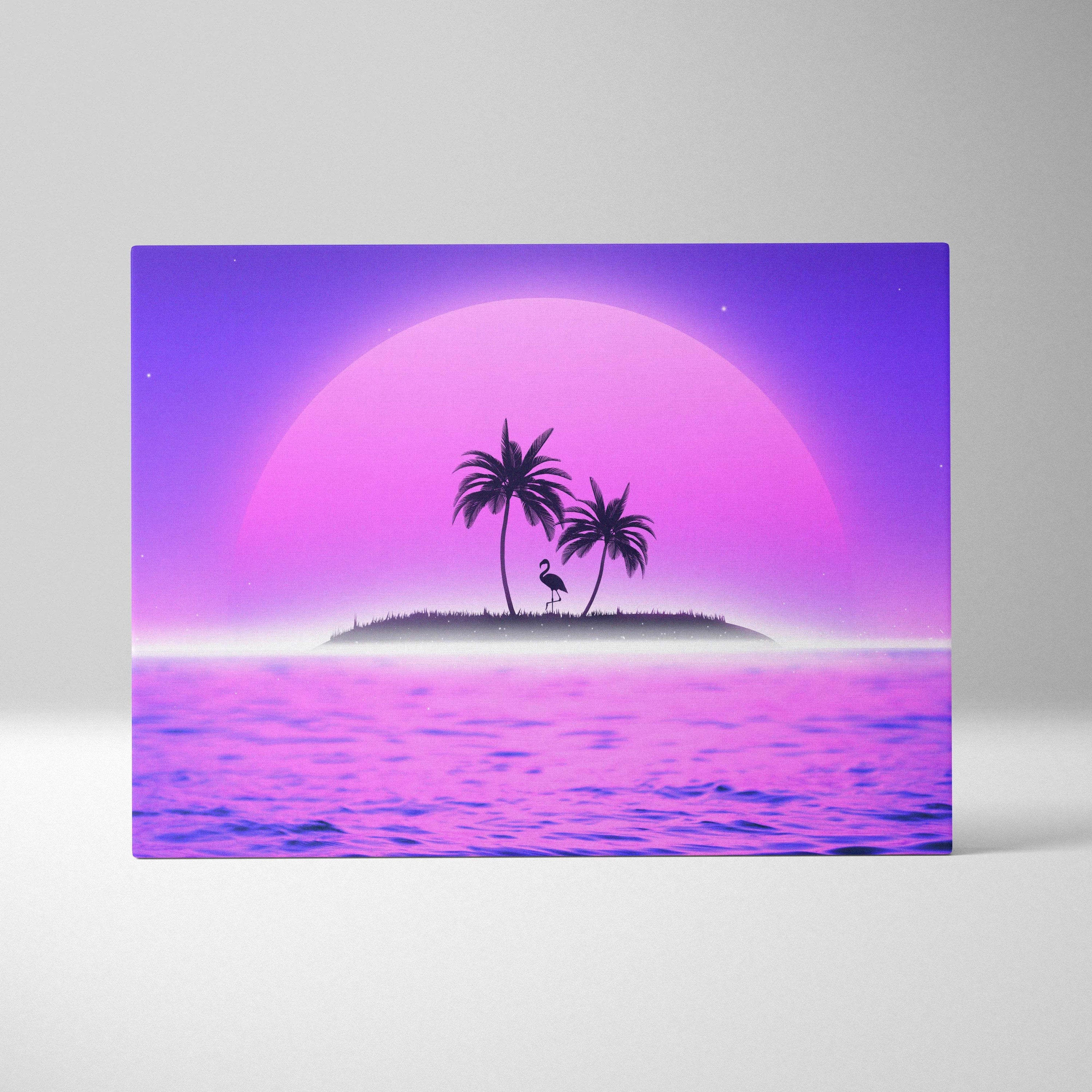 Retrowave tropical island flamingo palm trees neon purple pink sunset canvas