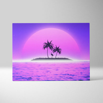 Retrowave tropical island flamingo palm trees neon purple pink sunset canvas