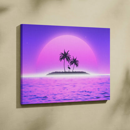 Retrowave tropical island flamingo palm trees neon sunset purple pink canvas art