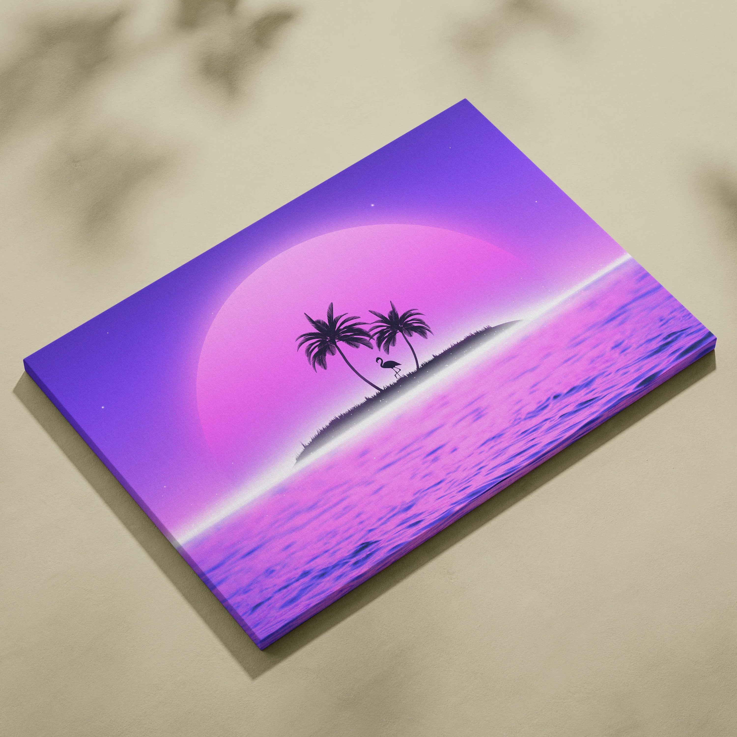 Vibrant purple pink retro sunset canvas with silhouetted palm trees flamingo