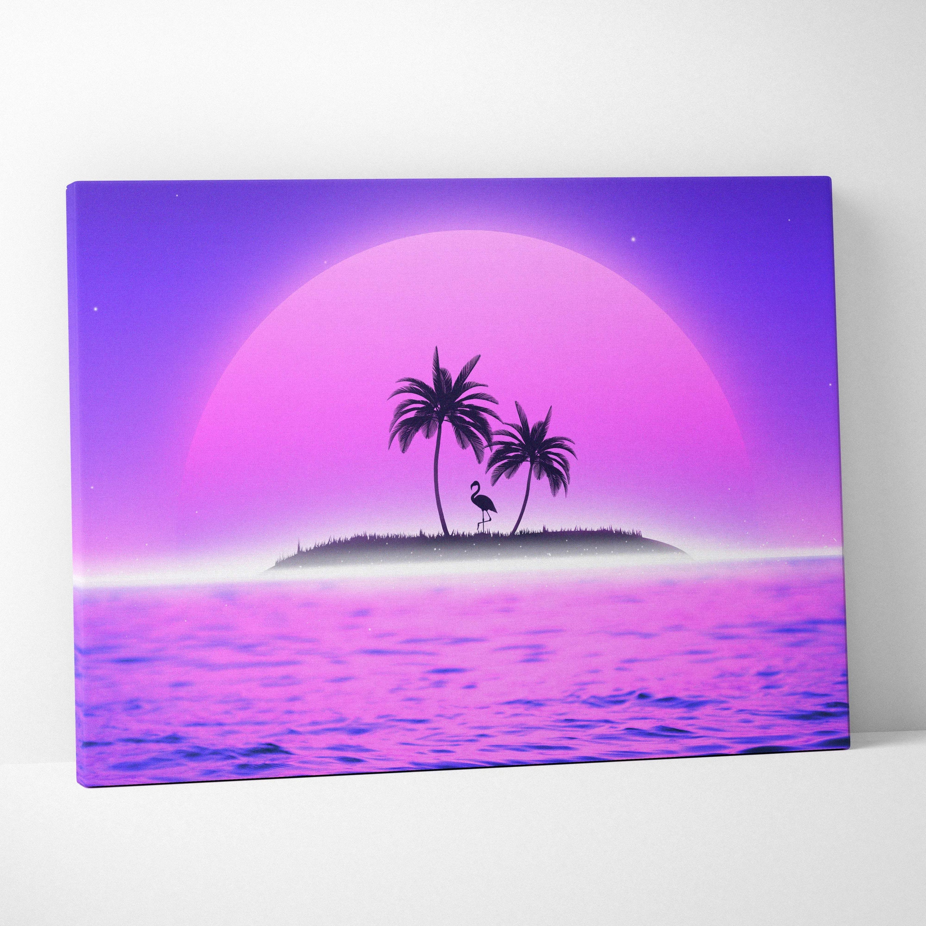 Vibrant purple pink neon sunset canvas with silhouetted palm trees flamingo