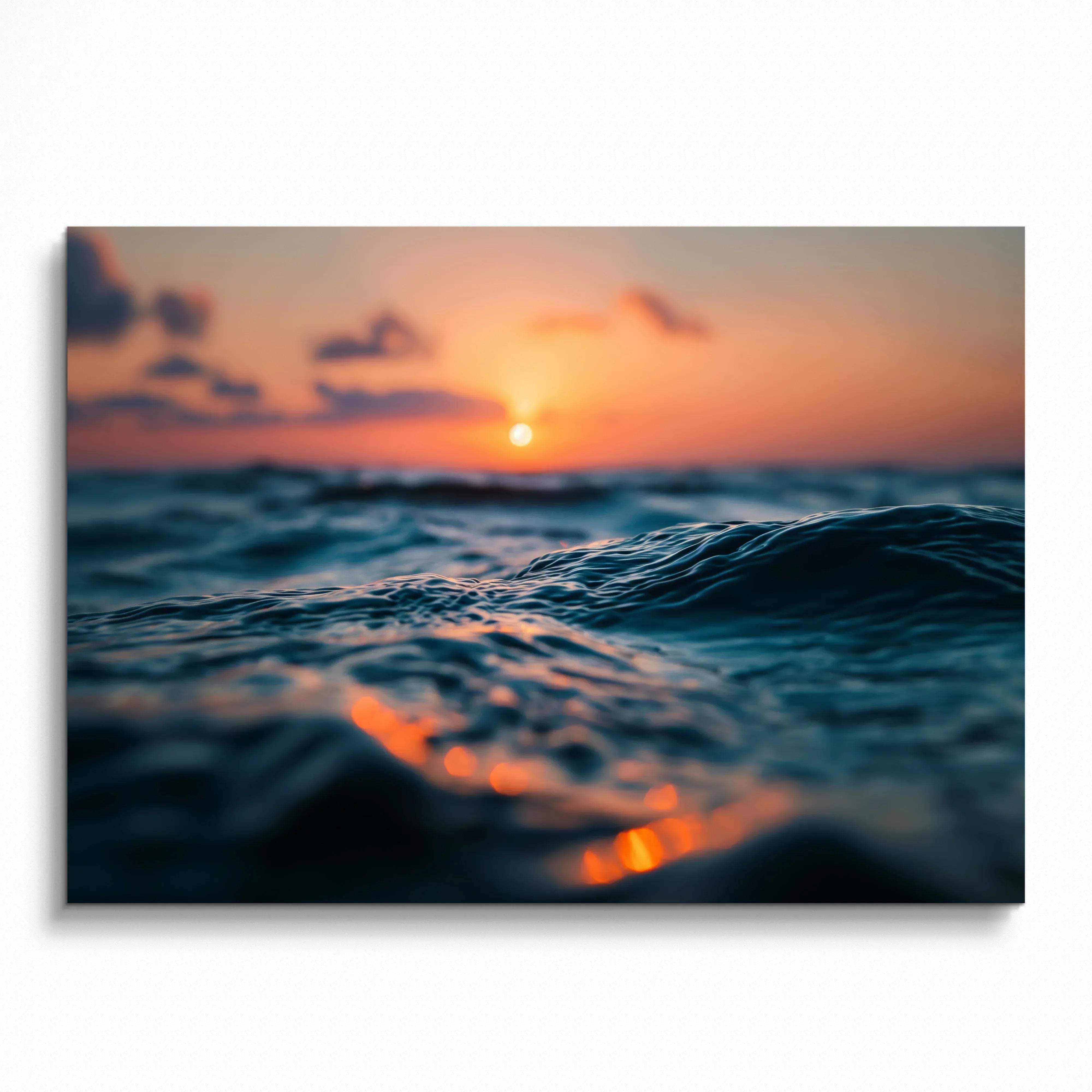 Ocean wall art poster with waves at sunset in warm, soothing tones.