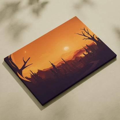 Flat vector sunset forest canvas print with silhouetted pines, path, orange purple hues