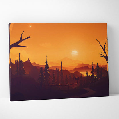 Flat vector sunset forest canvas with silhouetted pines, mountains, path