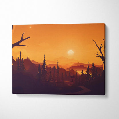 Flat vector sunset forest canvas with silhouetted pines, mountains, path
