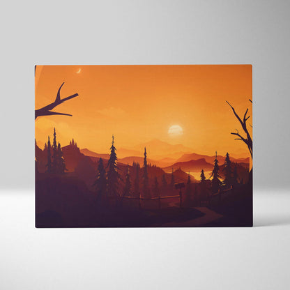 Flat vector sunset forest canvas with silhouetted pines, mountains, path
