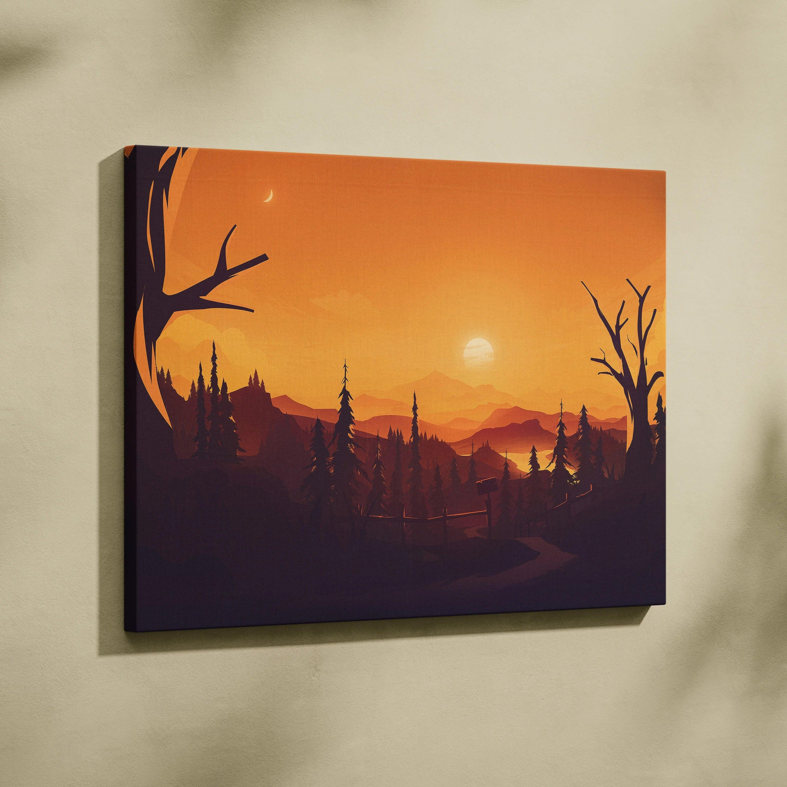 Flat vector sunset forest canvas with silhouetted pines, mountains, path