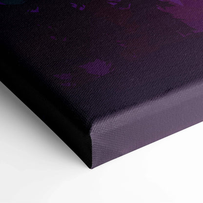 Stylized alpine valley at twilight canvas wall art with purple and black textured abstract surface and glowing lake design
