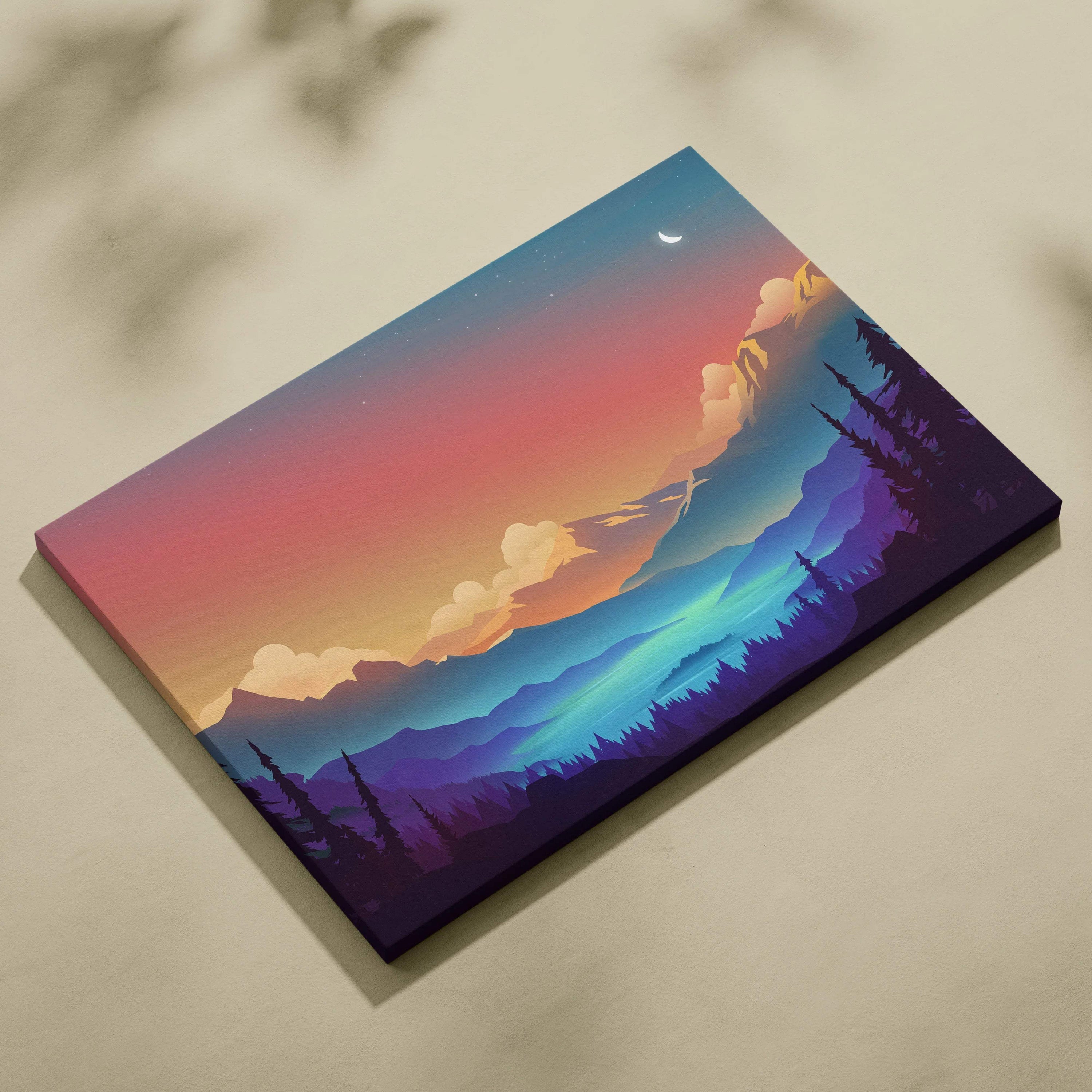 Stylized alpine valley at twilight canvas print with crescent moon