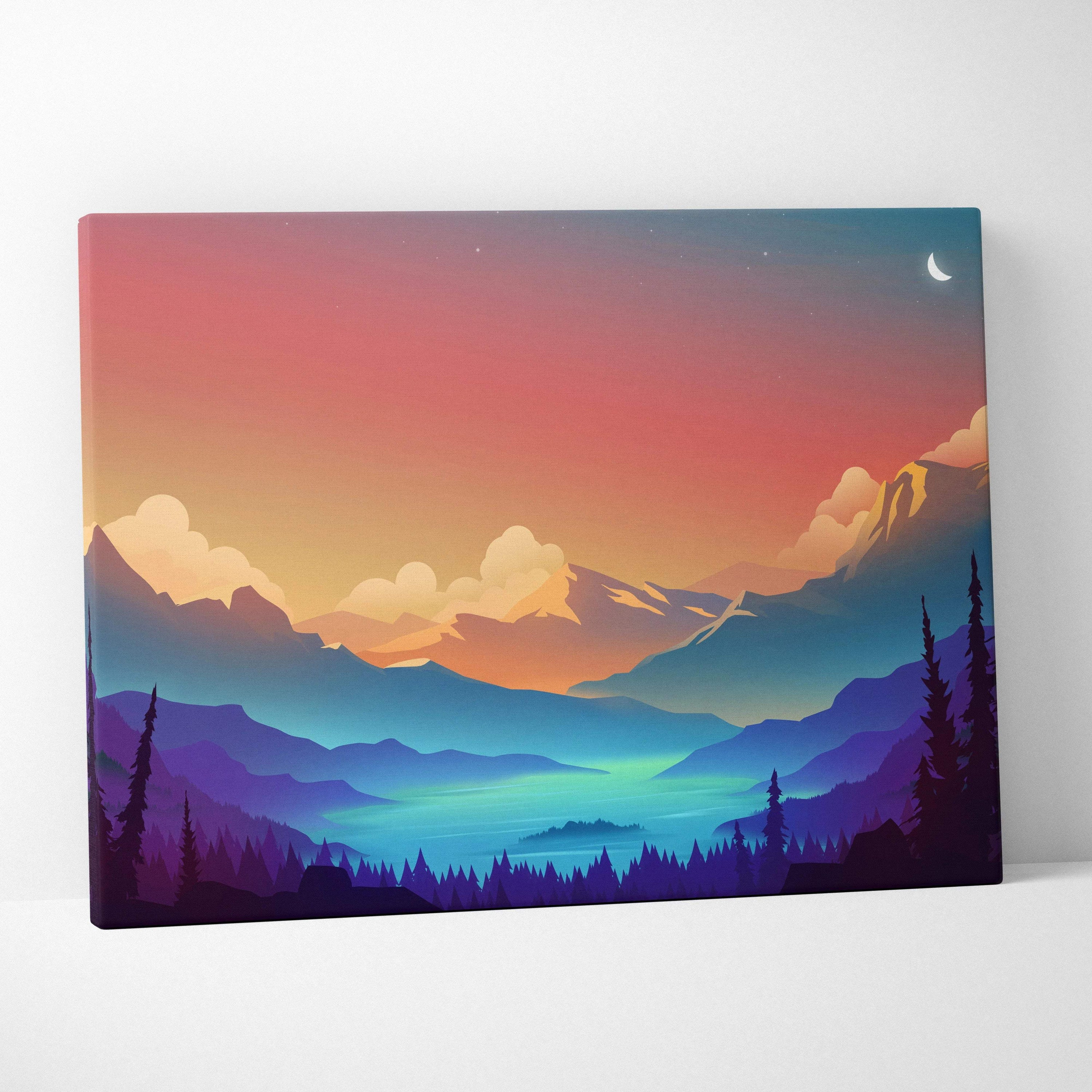 Stylized alpine valley at twilight with crescent moon canvas wall art