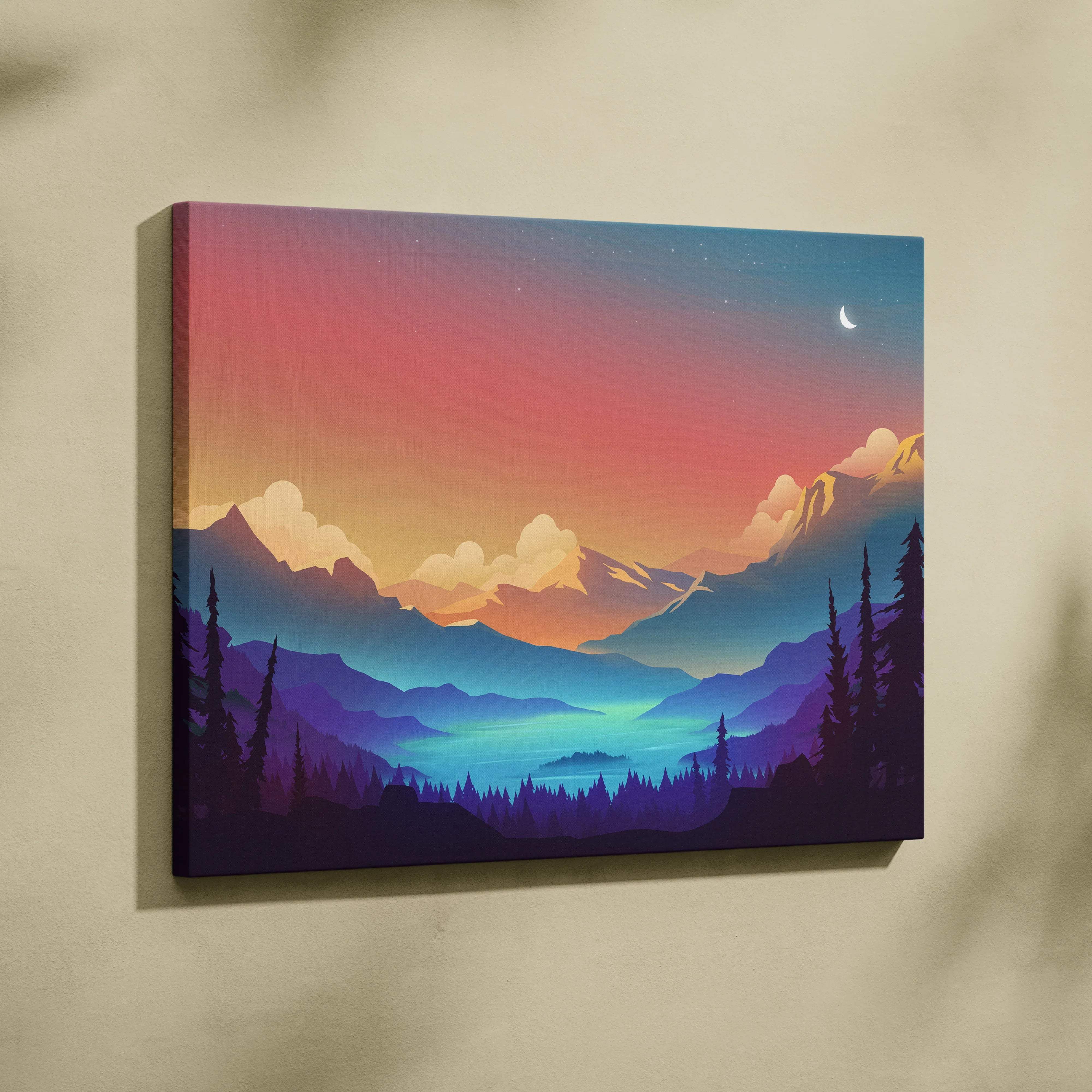 Stylized alpine valley at twilight with crescent moon over layered mountains