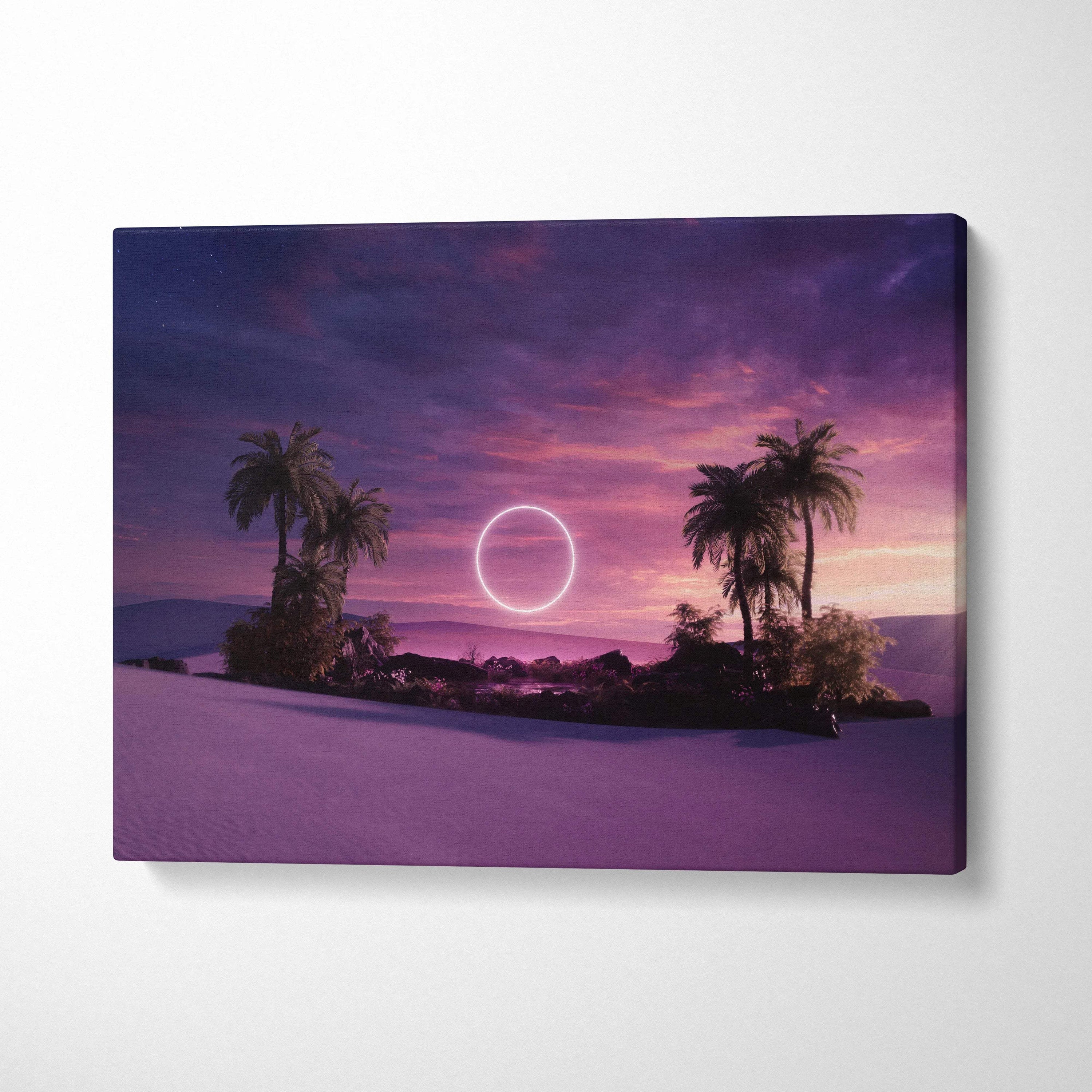 Surreal desert oasis at twilight with neon ring over palm trees canvas art