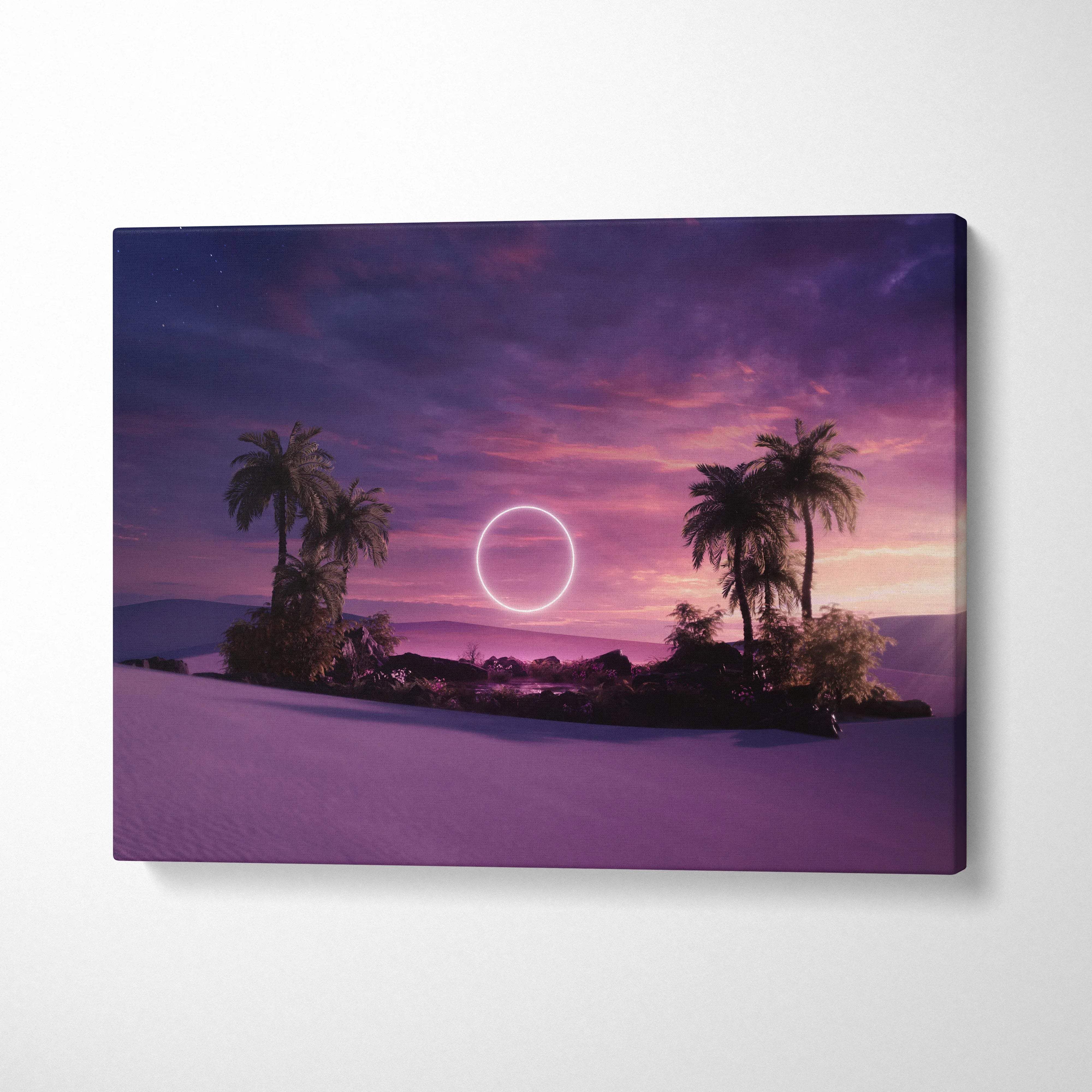Surreal desert oasis at twilight with neon ring over palm trees canvas art