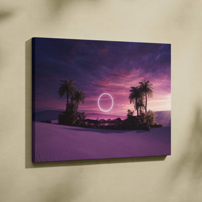 Purple surreal desert oasis canvas print with neon ring over palm trees at twilight