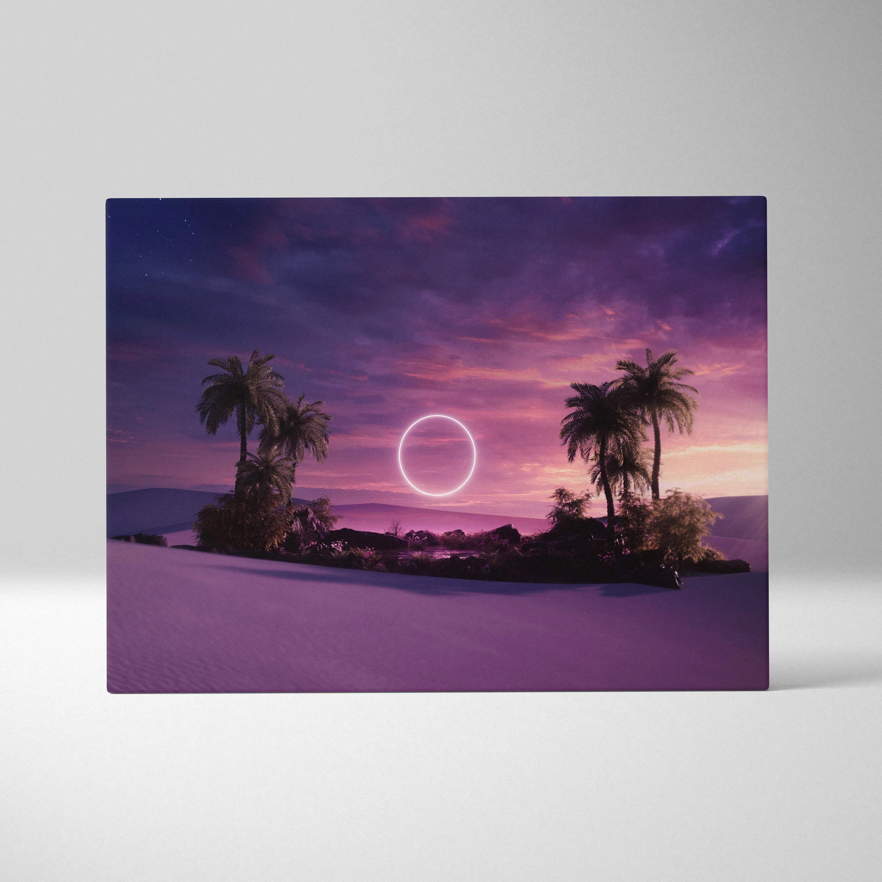 Surreal purple pink twilight desert oasis canvas with neon ring over palms