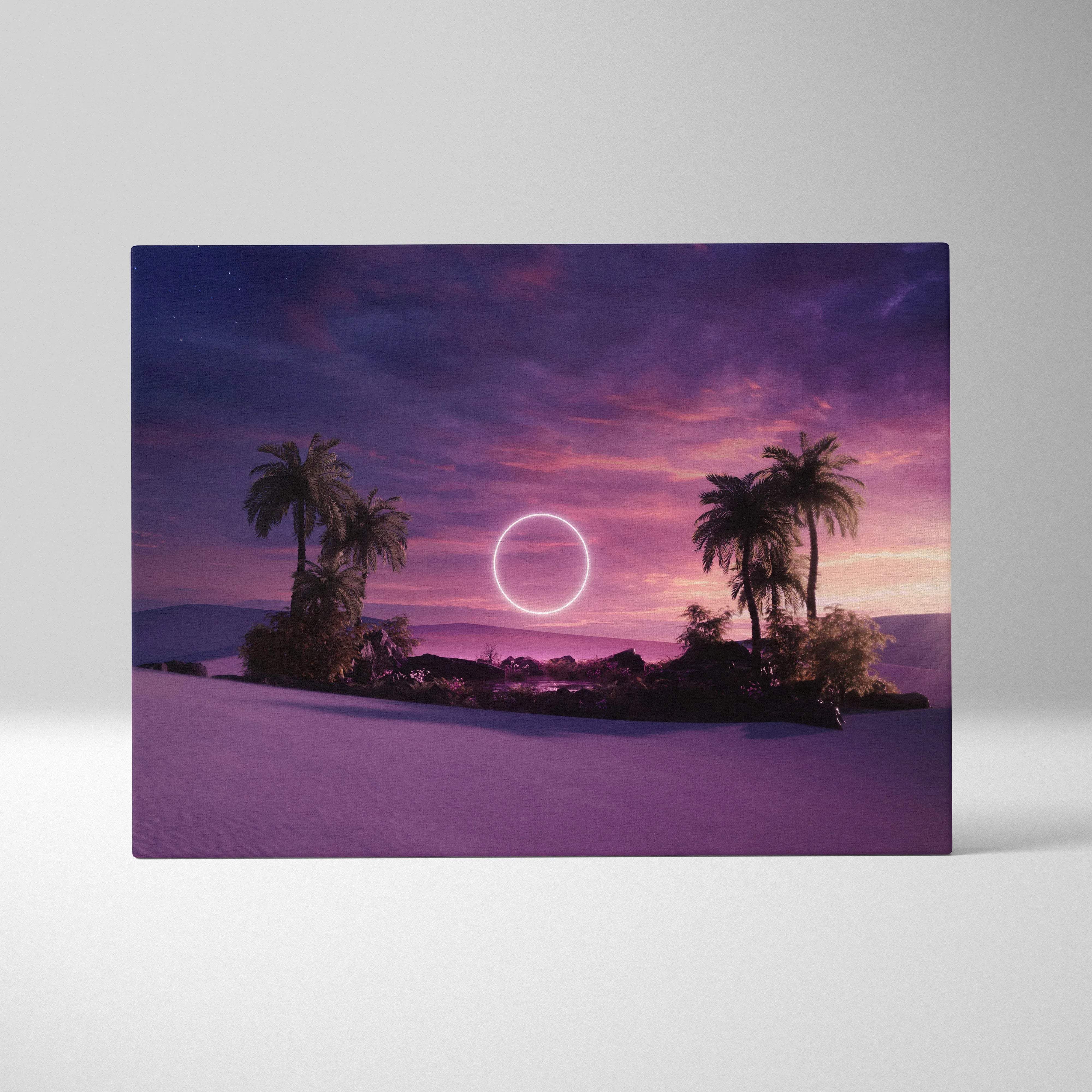 Surreal purple pink twilight desert oasis canvas with neon ring over palms