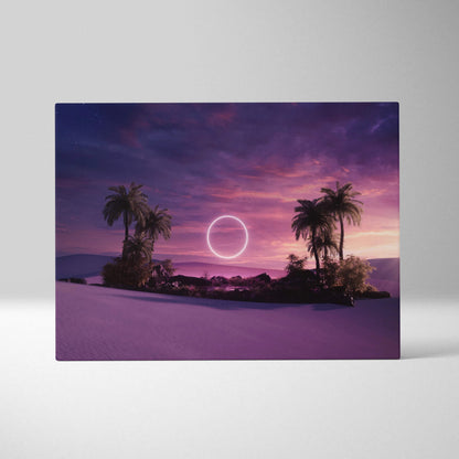 Surreal purple pink twilight desert oasis canvas with neon ring over palms