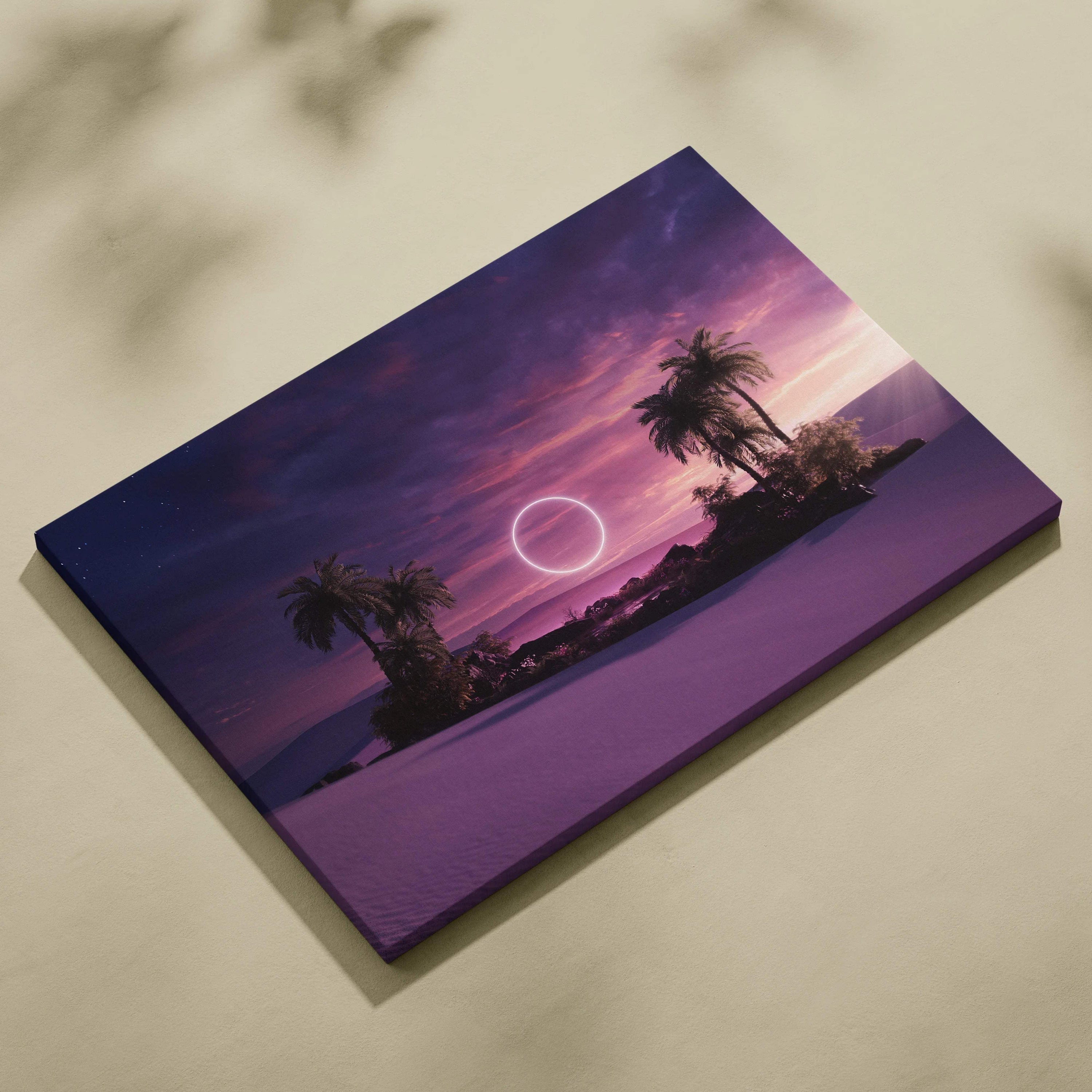 Surreal violet twilight oasis canvas print with neon ring over palms and dunes