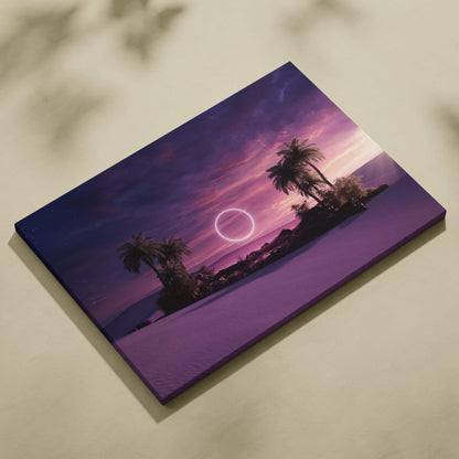 Surreal violet twilight oasis canvas print with neon ring over palms and dunes