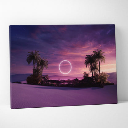 Surreal purple pink sunset canvas with neon ring over palm trees and dunes