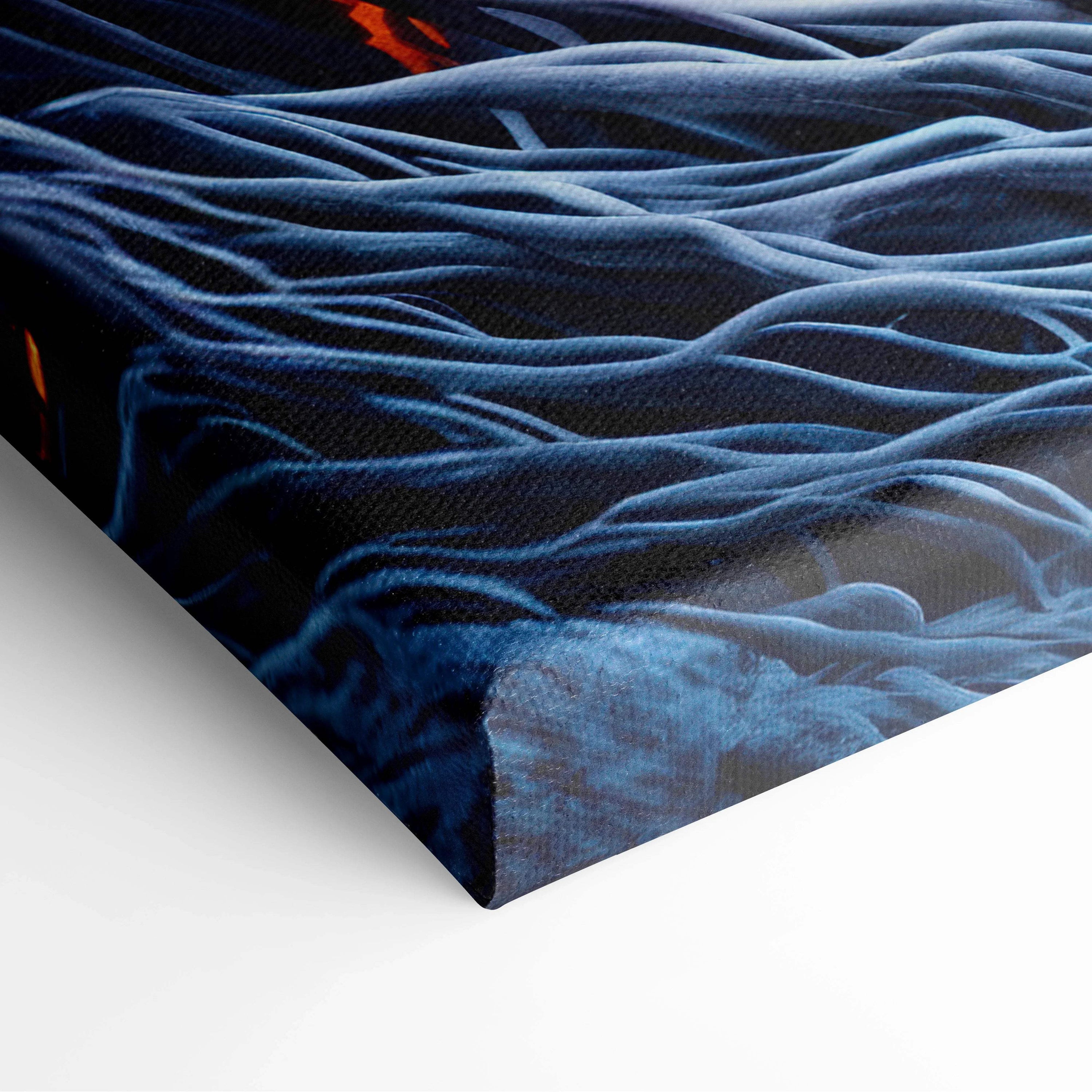 Blue canvas print of surreal tree bridging fire ice worlds in wavy icy blues oranges