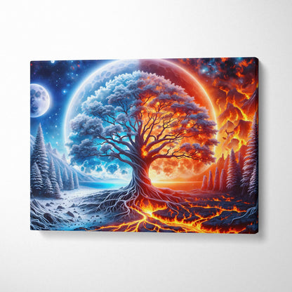 Epic surreal fantasy tree bridging fire ice worlds in icy blues fiery oranges canvas art