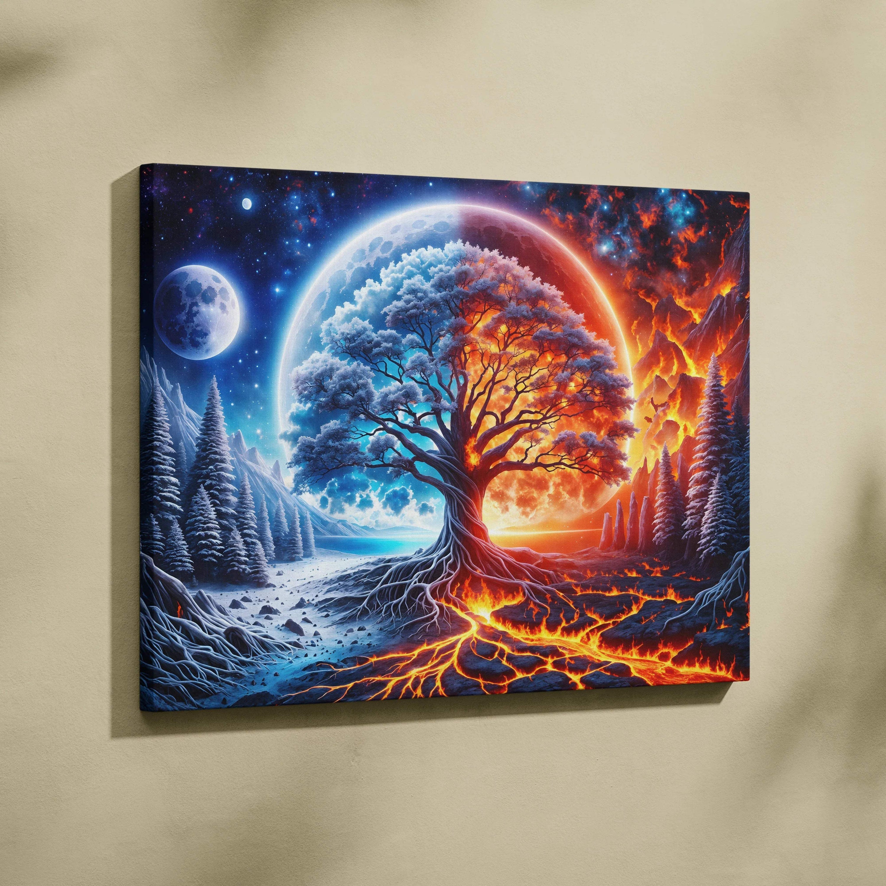 Epic dreamlike surreal fantasy tree bridging fire and ice worlds canvas art