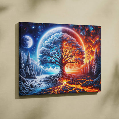 Epic dreamlike surreal fantasy tree bridging fire and ice worlds canvas art