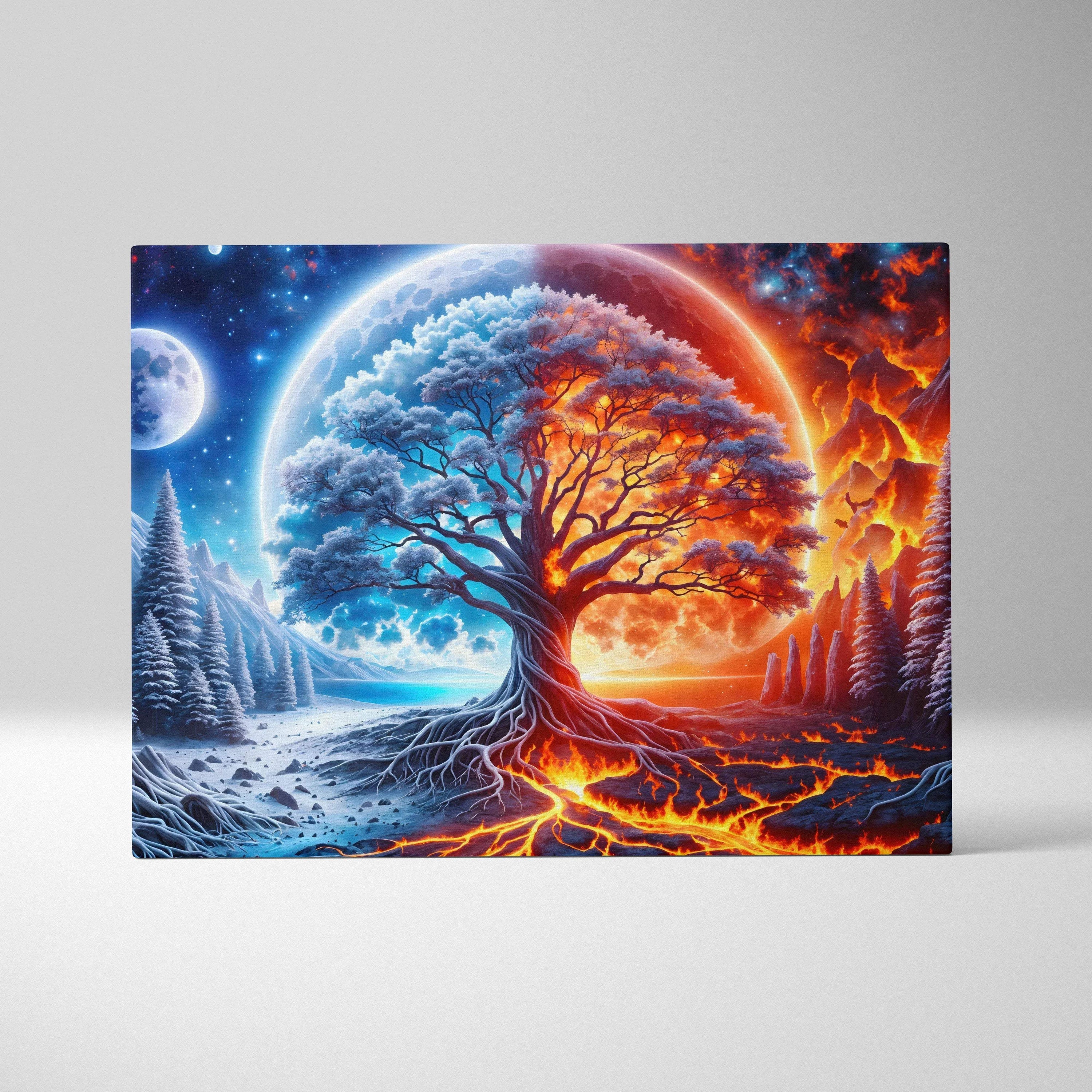 Epic dreamlike surreal fantasy tree bridging fire and ice worlds canvas art