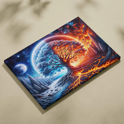 Epic dreamlike surreal fantasy tree bridging fire and ice worlds canvas wall art