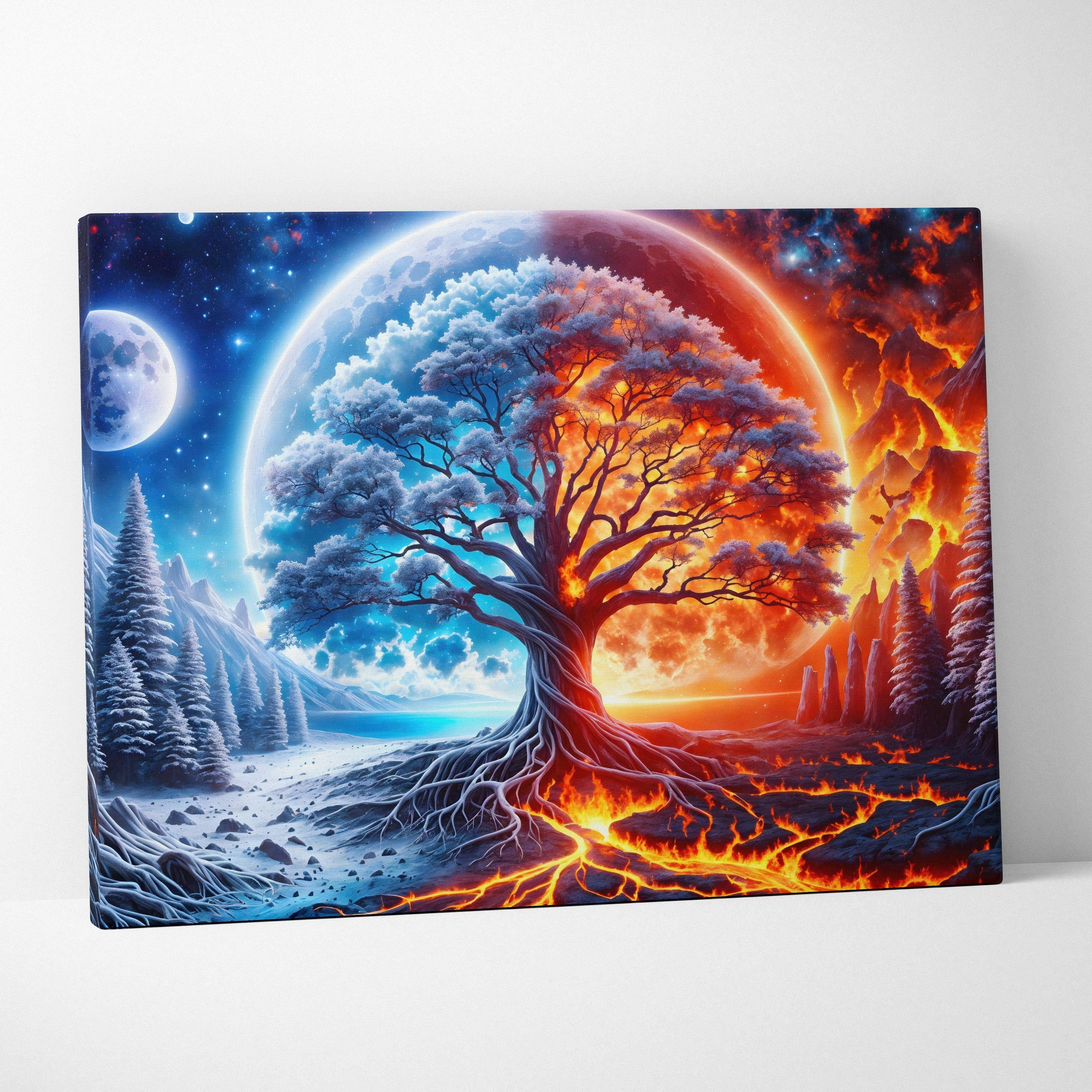 Epic surreal fantasy tree bridging fire ice worlds in icy blues fiery oranges canvas art