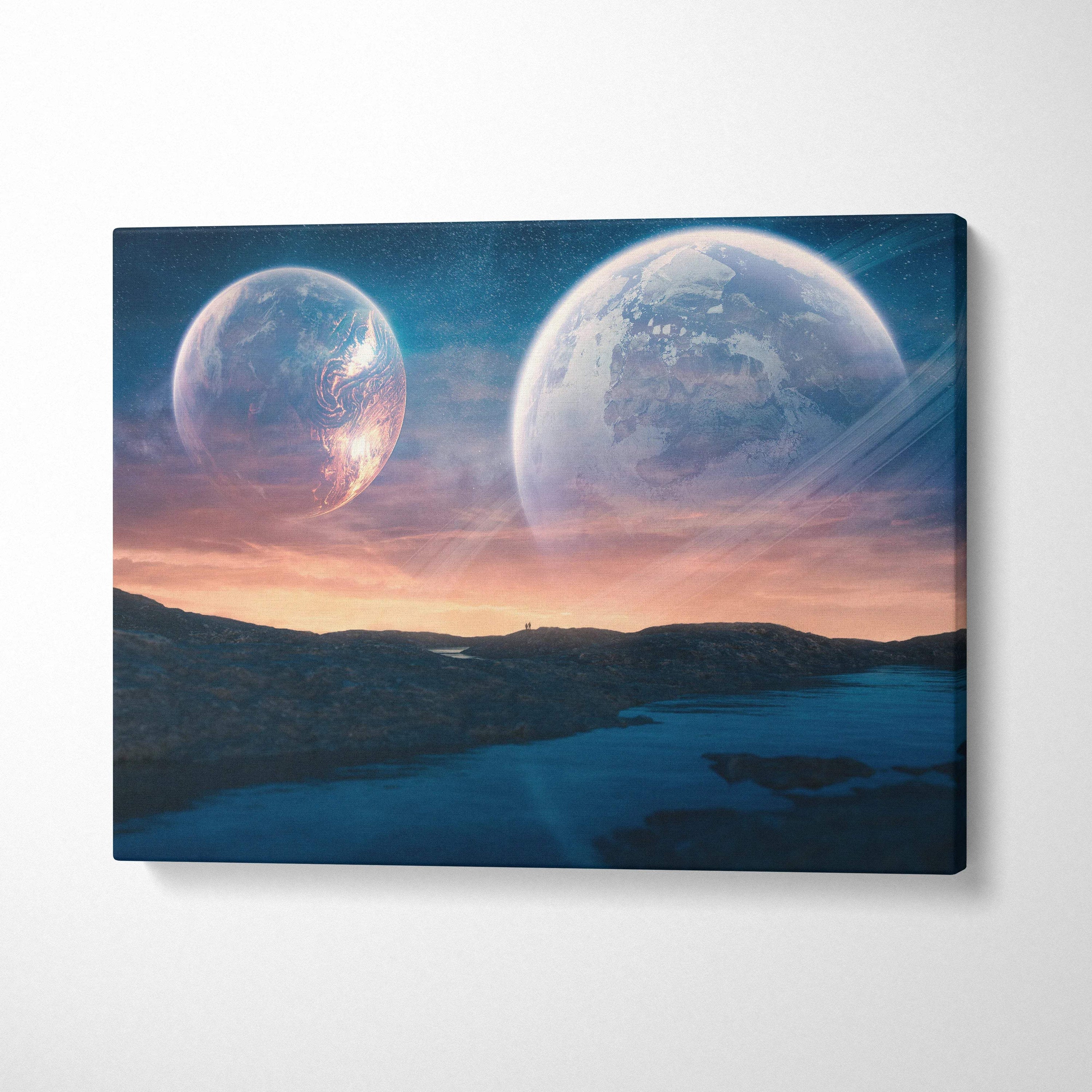 Surreal sci-fi twilight landscape with two glowing planets over alien shore canvas art