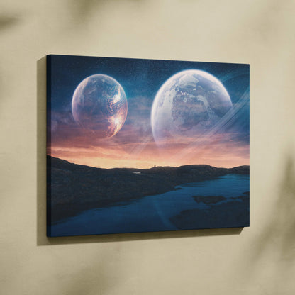 Surreal sci-fi twilight landscape canvas with two glowing planets over alien shore