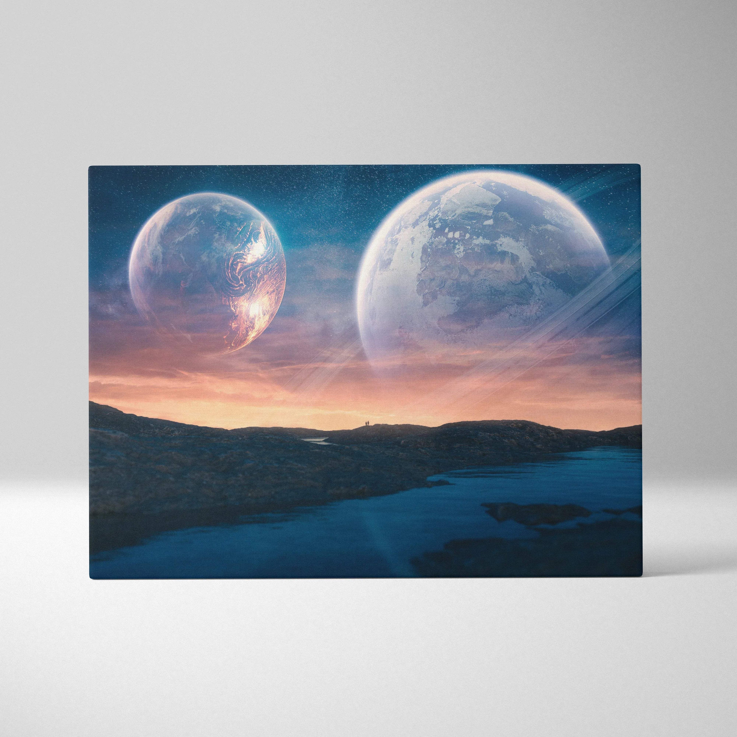 Surreal sci-fi twilight landscape with two planets over alien shore canvas art