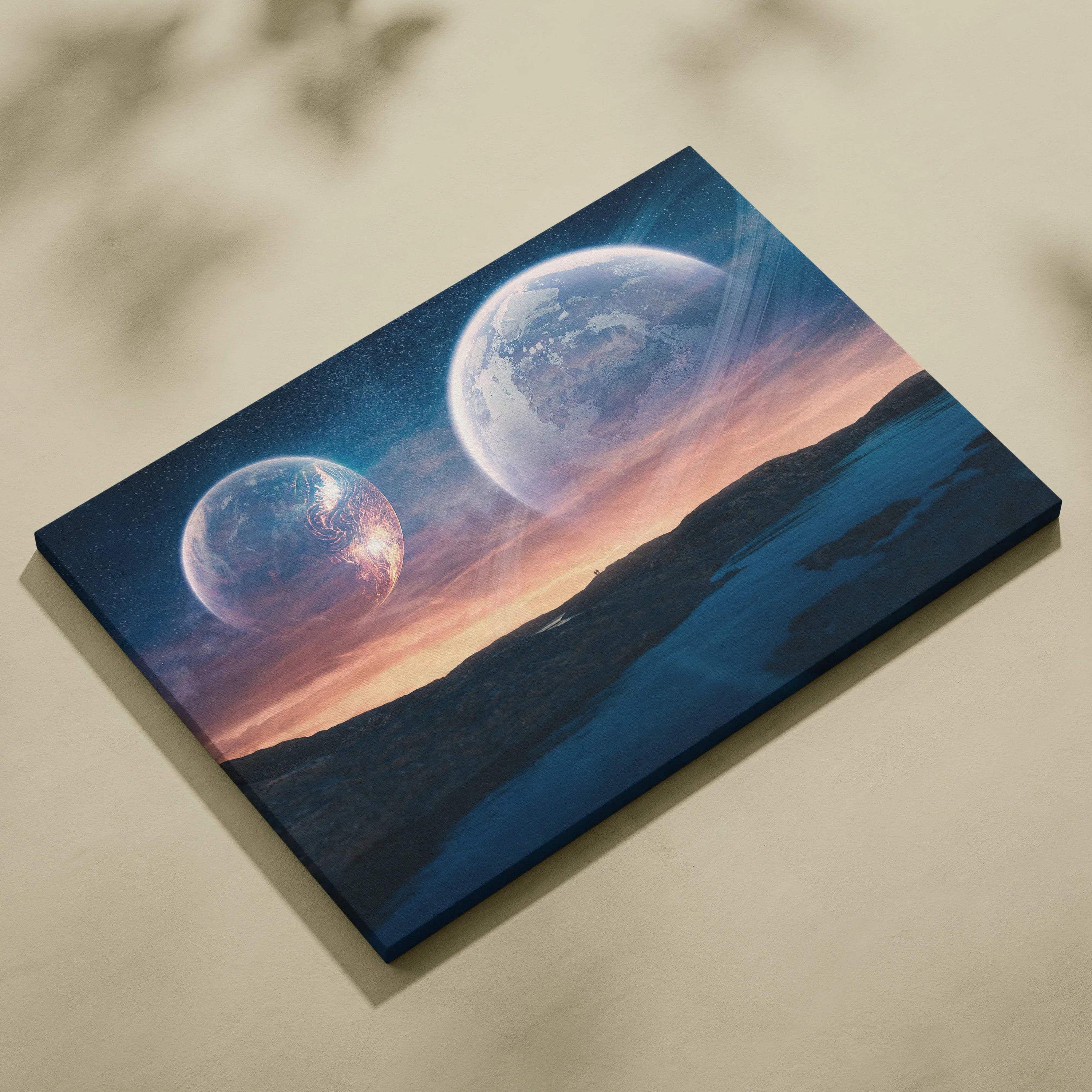 Surreal sci-fi twilight canvas art with two glowing planets in deep blues
