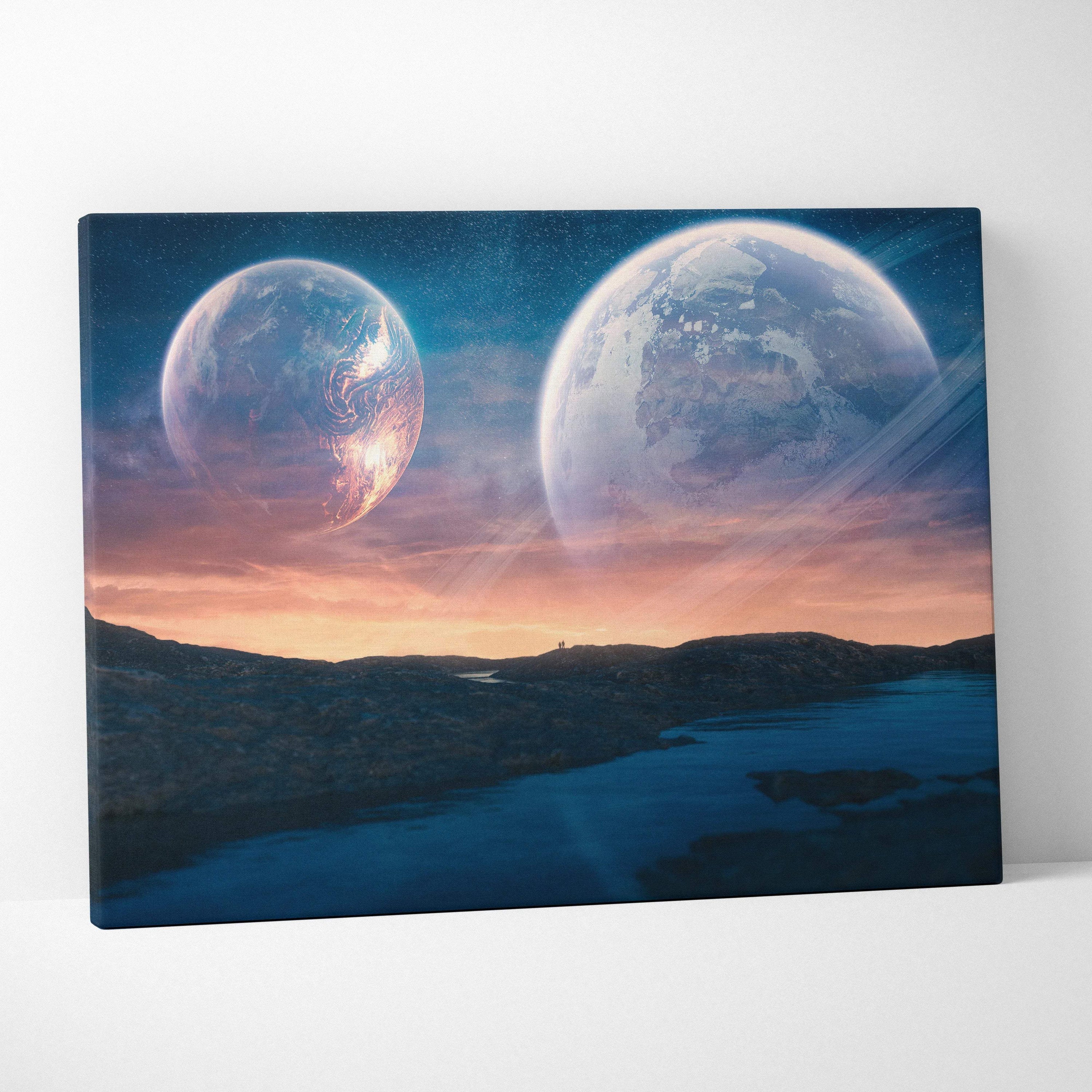 Surreal sci-fi twilight landscape with two planets over alien shore canvas art