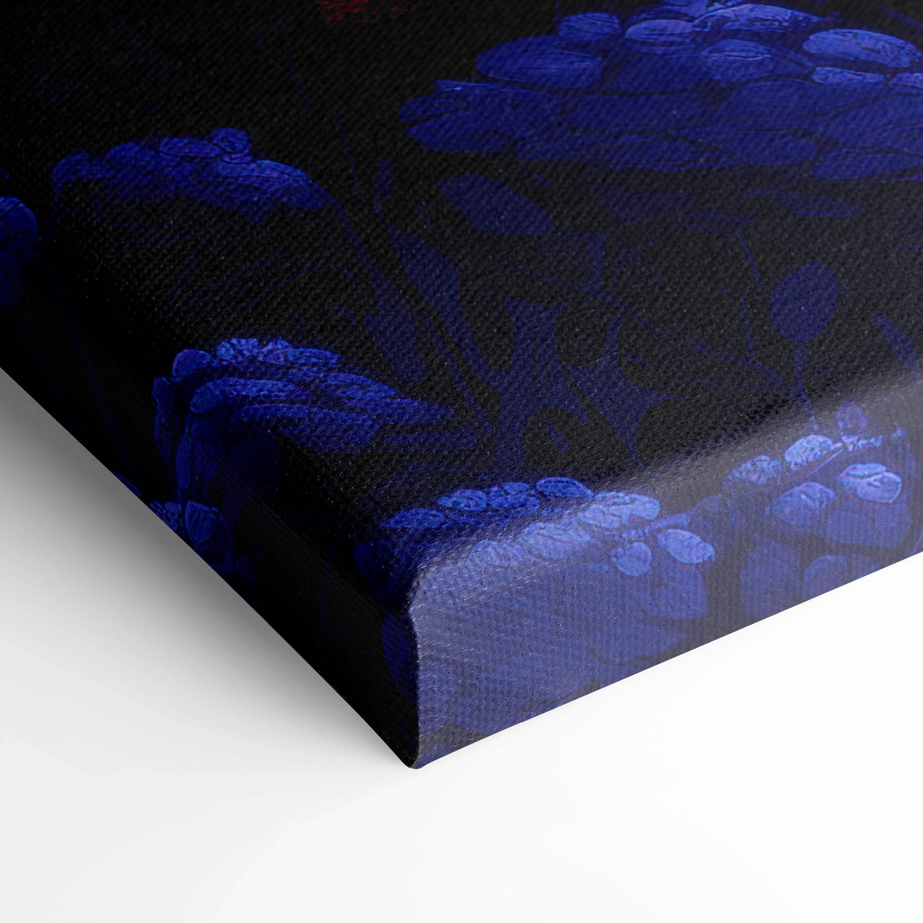 Deep blue floral pattern on textured black canvas of dreamy fantasy cottage art