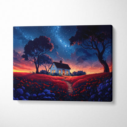 Dreamy fantasy cottage in glowing meadow under starry twilight sky canvas art
