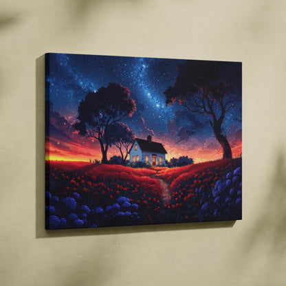 Dreamy fantasy cottage in glowing meadow under starry twilight sky canvas art
