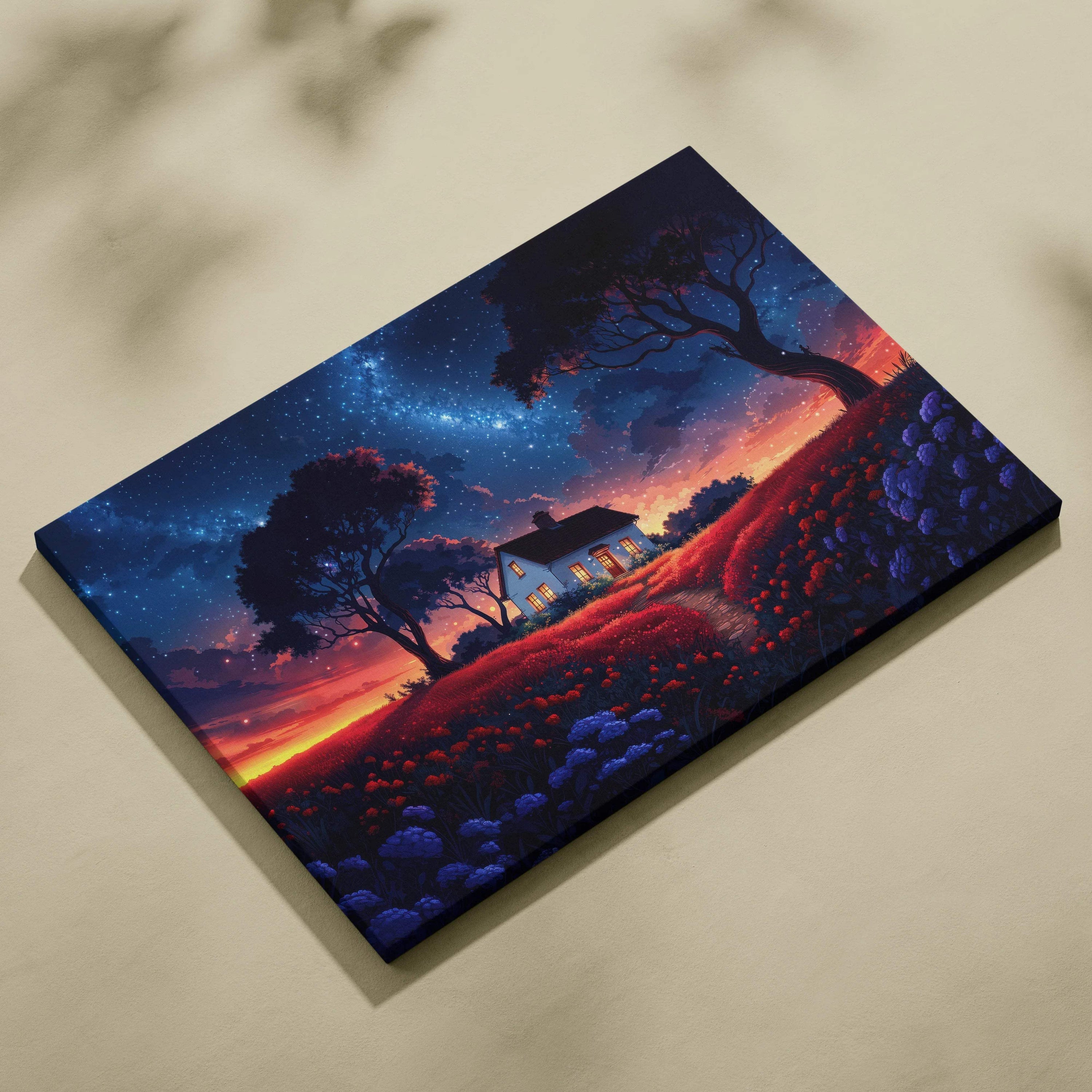 Dreamy fantasy cottage in glowing meadow under starry twilight sky canvas art